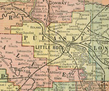 Early map of Pulaski County, Arkansas including Little Rock, Jacksonville, Maumelle, Mablevale, Alexander, Wrightsville, Sweet Home